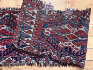 Early turkman ersari extra wide torba or trapping with attractive ikat type design. Nice older natural colors featuring real greens and yellow highlights. Mostly very low pile. Unraveled, gouged and rough edges.  ...