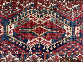 Early turkman ersari extra wide torba or trapping with attractive ikat type design. Nice older natural colors featuring real greens and yellow highlights. Mostly very low pile. Unraveled, gouged and rough edges.  ...