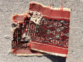 LAntique little turkman weaving. A mysterious small pile weaving. Fragment or incomplete object? Good even tight pile. Top and bottom with original red flat weave. Sides rough as shown with a bit  ...