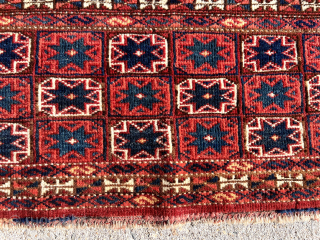 Antique turkman ersari pile weaving, probably a trapping. Unusual all over star design. Good pile. All natural colors with multiple reds and strong yellow highlights. Reasonably clean. Attractive weaving. 19th c. 15”  ...
