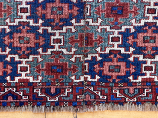 Early eye catching turkman weaving, probably an ersari trapping. Powerful Aksu design and although reduced still extra wide. Good pile. Lovely old natural colors featuring rich greens and vibrant blues. Cut and  ...