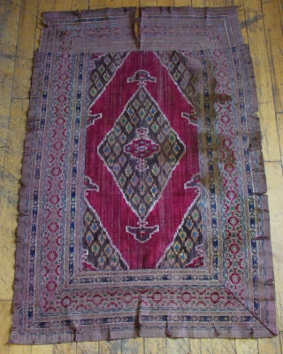 Antique Persian Ikat panel. Old but rough condition. Original assembled sewn construction. Unwashed with stains. Tears but not rotted. Looks like silk. 3' 4" x  5'
      