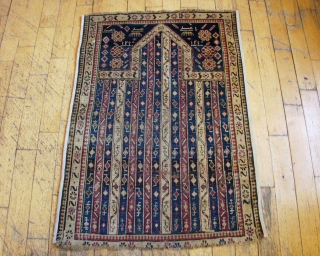 Antique small caucasian prayer rug, probably Karrabaugh. Appears to be dated in the spandrels. Interesting "cane" design field. Mostly good pile. Some minor wear, edge loss. Unusual but all natural colors. As  ...
