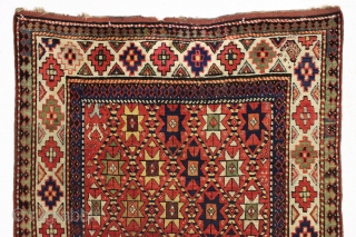 antique kazak rug with an interesting allover design and a wide range of beautiful colors. "As found", in mostly good pile with a few small creases (you can see an old crude  ...