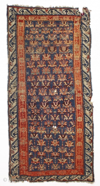 Antique kuba seichour rug. "As found", very dirty with wear and damage as shown. All natural colors. Crude repairs backed with what looks like the family table cloth. Good age. ca. 1870  ...