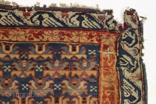 Antique kuba seichour rug. "As found", very dirty with wear and damage as shown. All natural colors. Crude repairs backed with what looks like the family table cloth. Good age. ca. 1870  ...