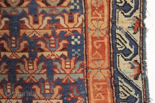 Antique kuba seichour rug. "As found", very dirty with wear and damage as shown. All natural colors. Crude repairs backed with what looks like the family table cloth. Good age. ca. 1870  ...