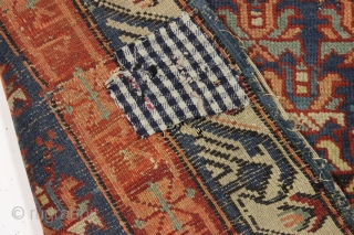 Antique kuba seichour rug. "As found", very dirty with wear and damage as shown. All natural colors. Crude repairs backed with what looks like the family table cloth. Good age. ca. 1870  ...