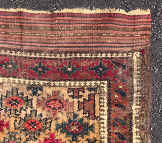 Antique camel ground Turkish knotted Baluch with wild colors and unusual design. Overall mostly good pile with some spots of wear as shown. Appears to be true camel hair ground. I believe  ...