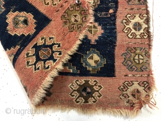 Antique unusual soumak bagface of unknown origin. Shahsavan? Uncommon color palette. Spacious drawing, especially the single wide border. Handkerchief thin with very floppy handle. Some heavy wear in field and edge loss  ...