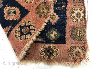 Antique unusual soumak bagface of unknown origin. Shahsavan? Uncommon color palette. Spacious drawing, especially the single wide border. Handkerchief thin with very floppy handle. Some heavy wear in field and edge loss  ...