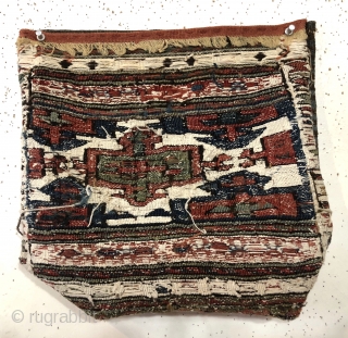Antique small complete soumak bag. Design and construction with cotton whites indicates shahsavan origin. Original fancy striped back. Overall good condition. All natural colors with a pretty green center medallion. Reasonably clean.  ...