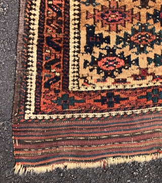 Antique camel ground Turkish knotted Baluch with wild colors and unusual design. Overall mostly good pile with some spots of wear as shown. Appears to be true camel hair ground. I believe  ...