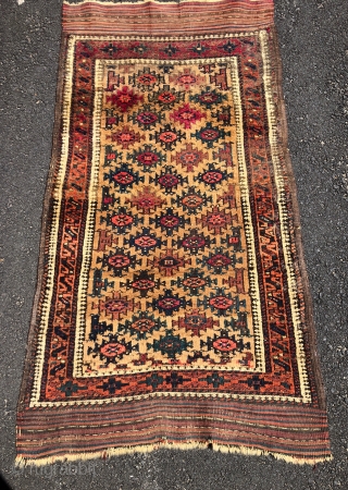 Antique camel ground Turkish knotted Baluch with wild colors and unusual design. Overall mostly good pile with some spots of wear as shown. Appears to be true camel hair ground. I believe  ...