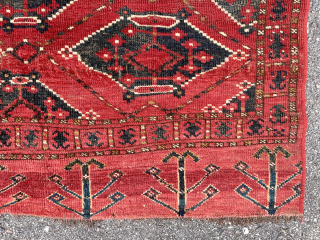 Antique turkman Chuval with an interesting uncommon design. Ersari? Both field and border are unfamiliar to me. Overall mostly decent low pile with scattered wear and oxidation. I see few old small  ...
