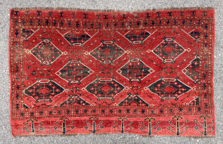 Antique turkman Chuval with an interesting uncommon design. Ersari? Both field and border are unfamiliar to me. Overall mostly decent low pile with scattered wear and oxidation. I see few old small  ...