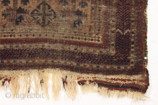 early baluch prayer rug with some interesting design features. As found, very dirty, very thin, with heavy wear and black oxidation. Unusual and attractive  border. Animals. Sophisticated and delicate drawing. Good  ...