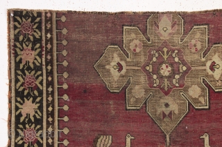 antique karrabaugh rug in kit form. Bottom piece. "as found", dirty and fragmented. White paint spots. Buy one or both for more excitement. some assembly may be required. Not guaranteed to be  ...
