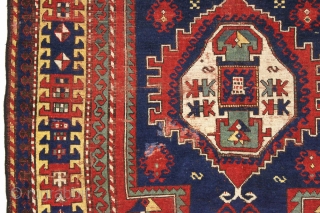 antique large kazak rug with some interesting design features. Appears to have fachralo elements, karachopf elements and a lori pombak motif. The most striking feature however is the unusual and interesting yellow  ...