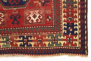 antique large kazak rug with some interesting design features. Appears to have fachralo elements, karachopf elements and a lori pombak motif. The most striking feature however is the unusual and interesting yellow  ...