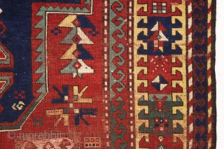 antique large kazak rug with some interesting design features. Appears to have fachralo elements, karachopf elements and a lori pombak motif. The most striking feature however is the unusual and interesting yellow  ...