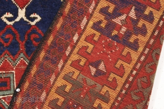 antique large kazak rug with some interesting design features. Appears to have fachralo elements, karachopf elements and a lori pombak motif. The most striking feature however is the unusual and interesting yellow  ...