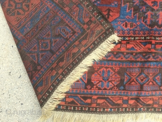 Antique extremely colorful Baluch main carpet. All natural colors including brilliant ember reds and electric blues. Just picked. And yes it really looks like the pics. Overall evan low pile with brown  ...