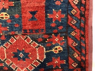 Antique little ersari torba or trapping fragment. Probably 1/3 of a wide ikat type design weaving. Beautiful natural colors and soft luxurious wool. Remnant kelim ends. Reasonably clean. Some unusual design features  ...