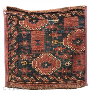 Antique little ersari torba or trapping fragment. Probably 1/3 of a wide ikat type design weaving. Beautiful natural colors and soft luxurious wool. Remnant kelim ends. Reasonably clean. Some unusual design features  ...