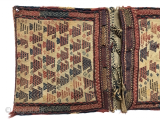 Antique pair of complete south Persian flat woven mixed technique bags. Interesting and elegant field design. This original pair is in remarkably untouched condition with nice supple handle. All good natural colors.  ...