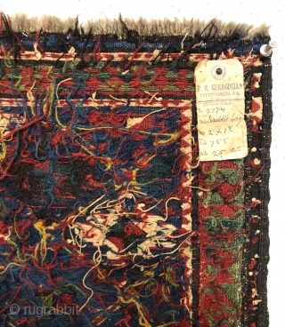 Antique shahsavan soumak bagface. Locally found and in very good overall condition. Delicately drawn latch hooked motifs and striped lattice on a pretty medium blue ground. All natural colors. Good tight weave.  ...