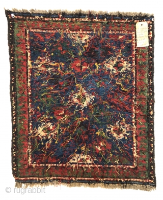 Antique shahsavan soumak bagface. Locally found and in very good overall condition. Delicately drawn latch hooked motifs and striped lattice on a pretty medium blue ground. All natural colors. Good tight weave.  ...