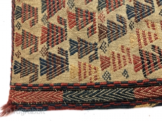 Antique pair of complete south Persian flat woven mixed technique bags. Interesting and elegant field design. This original pair is in remarkably untouched condition with nice supple handle. All good natural colors.  ...