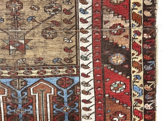 Antique Anatolian prayer rug, ladik or a village variant, in rough but intact condition. All natural colors. Characteristic ladik field with an atypical border. Overall very low pile with foundation showing. Remnant  ...