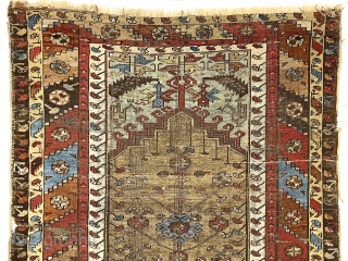 Antique Anatolian prayer rug, ladik or a village variant, in rough but intact condition. All natural colors. Characteristic ladik field with an atypical border. Overall very low pile with foundation showing. Remnant  ...