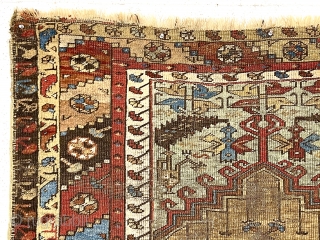 Antique Anatolian prayer rug, ladik or a village variant, in rough but intact condition. All natural colors. Characteristic ladik field with an atypical border. Overall very low pile with foundation showing. Remnant  ...