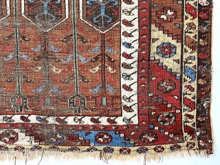 Antique Anatolian prayer rug, ladik or a village variant, in rough but intact condition. All natural colors. Characteristic ladik field with an atypical border. Overall very low pile with foundation showing. Remnant  ...