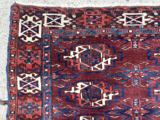 Antique turkman Chuval, possibly Kizil, with classic field and an unusual attractive skirt. Overall excellent conditions with mostly good thick pile. Reasonably clean with saturated natural colors. Multiple reds and deep yellow  ...
