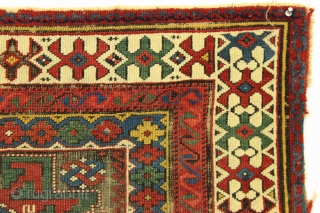 Antique little caucasian rug fragment. Very fine quality and weave. Vibrant natural colors. Corroded ground. Clean but rough as shown. Good age, ca 1880 or earlier. 2'2" x 3'1"    