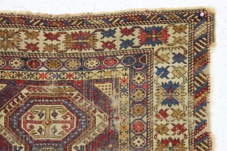 antique kuba keyhole rug. All natural colors. "as found", dirty with wear and edge roughness as shown. Priced accordingly. good age, ca. 1875. 3'2" x 5'5"       