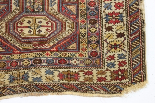 antique kuba keyhole rug. All natural colors. "as found", dirty with wear and edge roughness as shown. Priced accordingly. good age, ca. 1875. 3'2" x 5'5"       