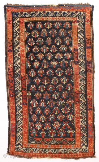 antique small caucasian rug with an attractive design and some unusual features. Good overall pile and all natural colors including a most unusual blue ground which appears to be natural brown wool  ...