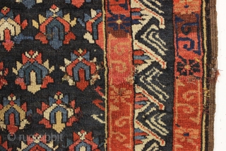 antique small caucasian rug with an attractive design and some unusual features. Good overall pile and all natural colors including a most unusual blue ground which appears to be natural brown wool  ...