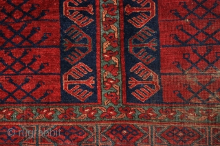 antique ersari ensi. Nice older example with fleecy wool and first rate color including fine deep greens. Spacious drawing and an unusual elem panel. Not restored with mostly good pile, some wear  ...