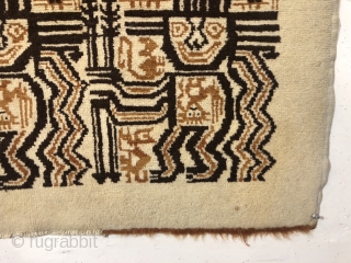 Wild mystery rug with a strange design. Not sure exactly what’s depicted but everyone looks happy. As found locally with good thick high pile but dirty. Needs a good wash. Edges mostly  ...