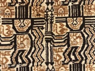 Wild mystery rug with a strange design. Not sure exactly what’s depicted but everyone looks happy. As found locally with good thick high pile but dirty. Needs a good wash. Edges mostly  ...