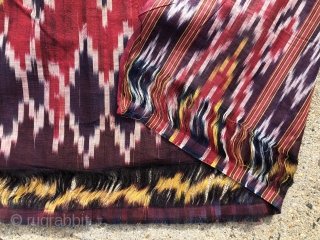 Antique silk Ikat panel in excellent condition. Vibrant natural colors. Interesting open work end finish. As found locally, clean and looks perfect. Late 19th c. 3’5” x 6’5”     