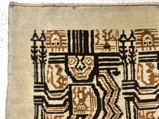 Wild mystery rug with a strange design. Not sure exactly what’s depicted but everyone looks happy. As found locally with good thick high pile but dirty. Needs a good wash. Edges mostly  ...