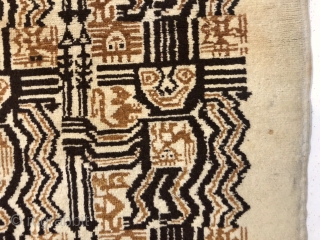 Wild mystery rug with a strange design. Not sure exactly what’s depicted but everyone looks happy. As found locally with good thick high pile but dirty. Needs a good wash. Edges mostly  ...