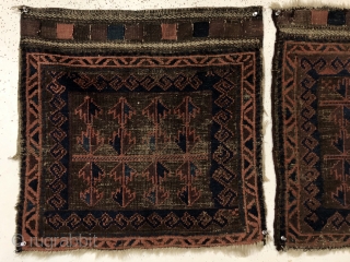 Antique original pair of Baluch bagfaces. Interesting and unusual horizontal use of Baluch tree motifs. Overall low pile with scattered heavy brown oxidation. Remnant rough selvages, rewrapped on one bagface. Original closure  ...